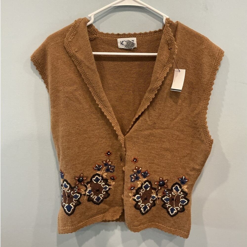 Vintage Womens Lambs‎ Wool Knit Sweater Vest Angora Forest Fairy Embroidered L